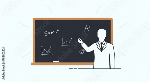 Illustration of a teacher writing on a blackboard with mathematical equations and an a grade