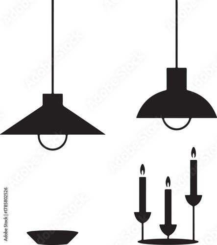 Minimal Nordic Light Fixtures & Candle Stand Silhouette Set — Modern Black Decor Icons