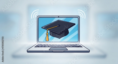 Online education concept with graduation cap on laptop screen elearning and distance learning