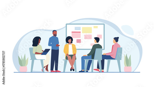 Diverse group of people attending a meeting or workshop with a presentation board and plants in a modern office setting