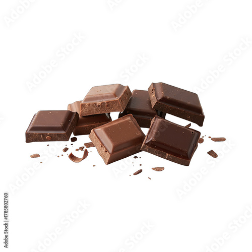 A Pile of Dark and Milk Chocolate Chunks Isolated on a Transparent Background with Crumb Details and Soft Pastry Lighting