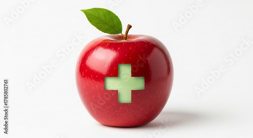 A shiny red apple with a green cross shape cut out of it, the apple is a symbol of health and medicine