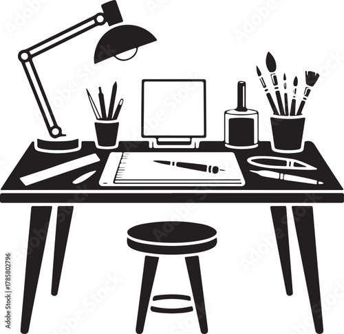 Minimalist Artist Desk Silhouette with Sketchpad Ruler Pen Cutter and Brush