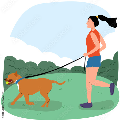 Young women jogging accompany by her dog illustration