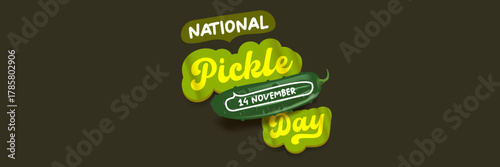 National Pickle day horizontal banner design template with text and pickled cucumbers isolated on grey geometric pattern background. Pickle day flyer. 14 november national day of pickled cucumber