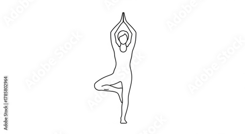 A simple line drawing of a woman doing the tree yoga pose, , a balance posture for health and wellness