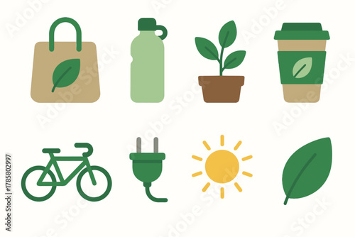 Eco-friendly icons: sustainability symbols featuring reusable bag, bottle, plant, and bicycle