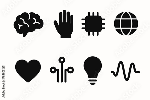 Set of 8 technology and science icons: brain, hand, chip, globe, heart, circuit, bulb, wave