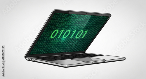 Laptop displaying binary code on the screen, representing digital technology and information processing