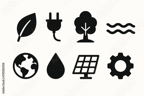 Sustainable energy icons: leaf, plug, tree, water, earth, droplet, solar panel, gear