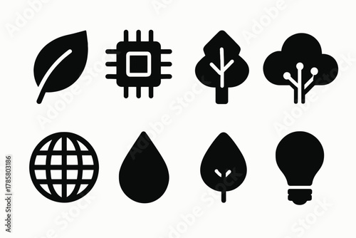 Eco-friendly technology symbols: leaf, chip, tree, globe, water, light bulb icons