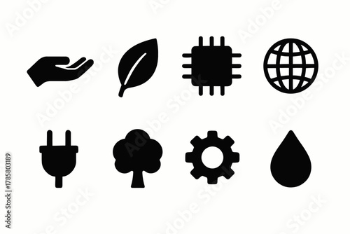 Eco-friendly icons: hand, leaf, chip, globe, plug, tree, gear, droplet