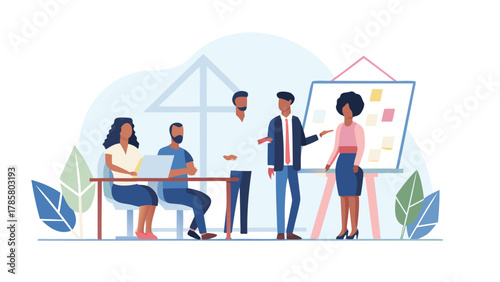 Diverse team collaborating in a modern office setting with a whiteboard presentation during a business meeting