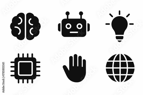 Artificial intelligence icons: brain, robot, light bulb, microchip, hand, globe symbols