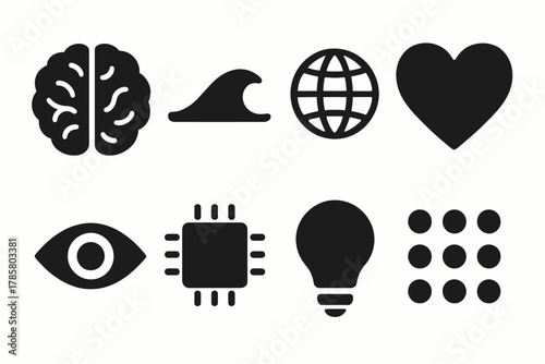 Minimalist icons: brain, wave, globe, heart, eye, chip, bulb, dots