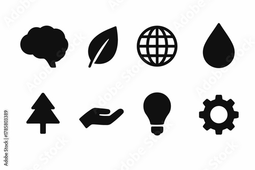 Sustainability icons: brain, leaf, globe, water, tree, hand, lightbulb, gear