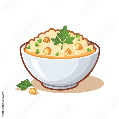 A delightful illustration of a bowl of hearty porridge, garnished with fresh parsley and peas, perfect for a wholesome breakfast or a comforting meal