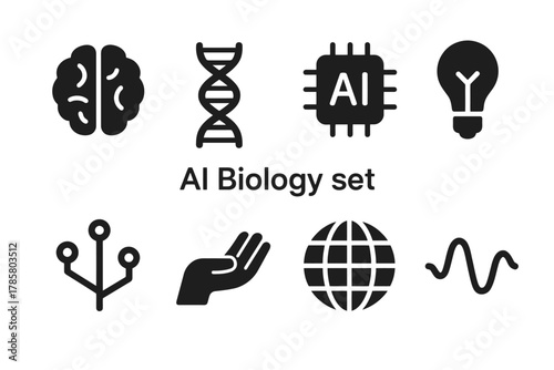 Artificial intelligence biology set: icons of brain, dna, ai, lightbulb, network, hand, globe, wave