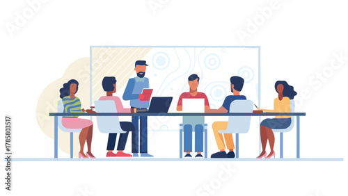 Diverse team of professionals collaborating in a modern meeting room during a presentation with laptops and charts