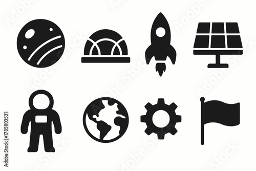 Space exploration icons: planet, rocket, astronaut, solar panel, globe, gear, flag