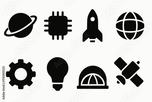 Space exploration icons: planet, microchip, rocket, globe, gear, lightbulb, observatory, satellite
