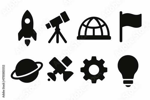 Space exploration icons: rocket, telescope, observatory, flag, planet, satellite, gear, lightbulb