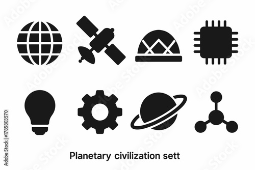 Planetary civilization icons set: globe, satellite, dome, microchip, light bulb, gear, planet, molecule