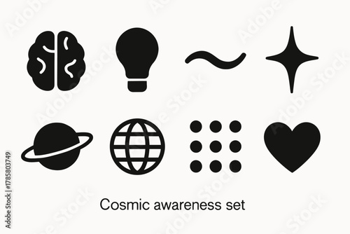 Cosmic awareness set: brain light bulb wave star planet globe dots heart icons