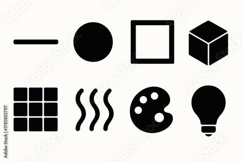 Minimalist black icon set featuring geometric shapes and art symbols