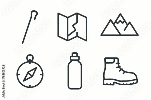 Outdoor adventure essentials: hiking stick, map, mountains, compass, water bottle, boot icons