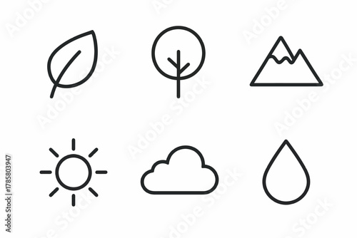 Minimalist nature icons: leaf, tree, mountain, sun, cloud, water drop