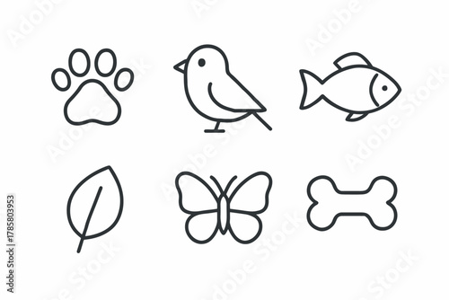 Simple animal icons set including bird, fish, butterfly, and paw print