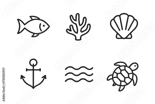 Minimalist ocean icons: fish, coral, shell, anchor, waves, turtle