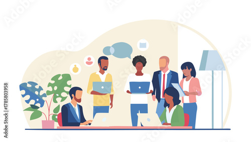 Diverse group of professionals collaborating on laptops in a modern office setting with plants and speech bubbles