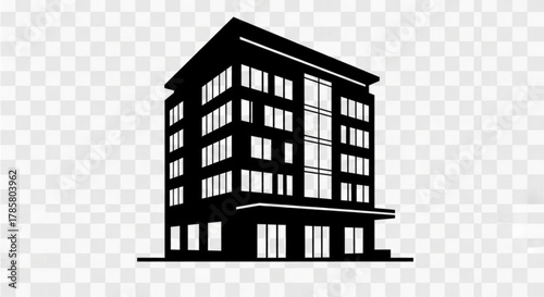 A black and white silhouette of a modern office building on a transparent background, showcasing its architectural design and structural elements