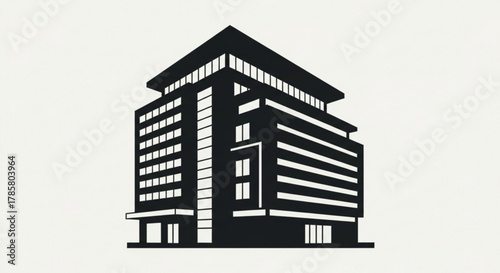 A black and white illustration of a modern office building, showcasing its architectural design and structural elements