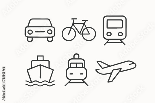 Outline icons of various transportation modes: car, bicycle, train, boat, airplane