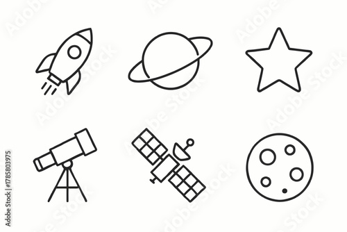 Space exploration icons: rocket, planet, star, telescope, satellite, moon