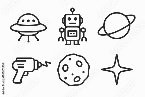 Black and white space icons: ufo, robot, planet, ray gun, asteroid, and star