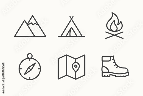 Minimalist icons of mountains, tent, campfire, compass, map, hiking boot