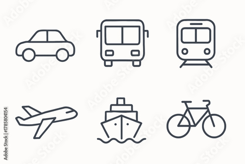 Minimalist icons of various modes of transportation including car, bus, train, airplane, ship, and bicycle