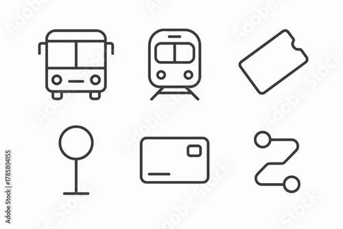 Simple transportation icons set: bus, train, ticket, stop, card, route