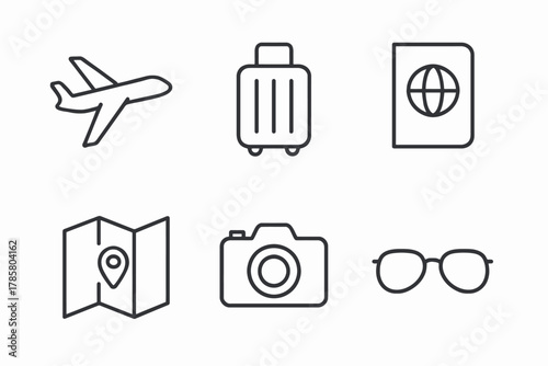 Travel essentials: airplane, suitcase, passport, map, camera, sunglasses icons