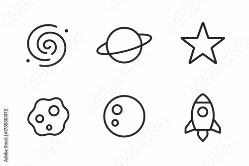 Space icons: spiral galaxy, planet, star, asteroid, moon, rocket