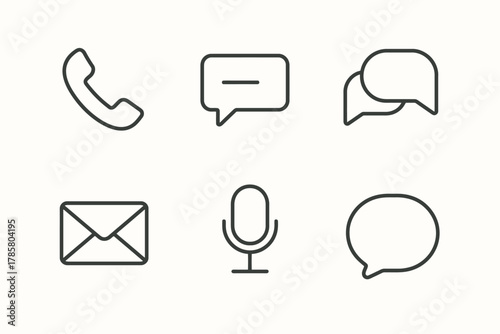Minimalistic communication icons including phone, chat, mail, microphone, and speech bubbles