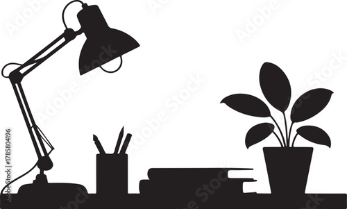 Minimalist Desk Silhouette Set — Lamp, Pen Holder, Book & Potted Plant