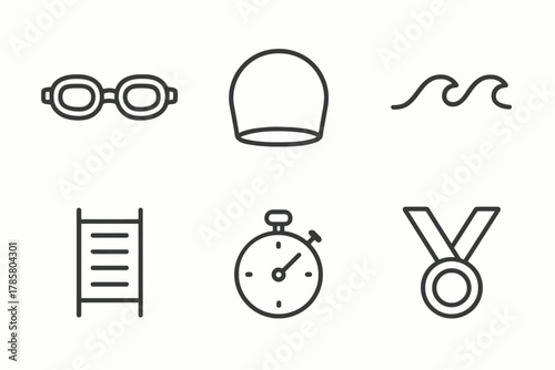 Minimalist swimming gear icons: goggles, cap, waves, ladder, stopwatch, medal