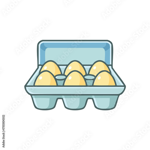 Light blue carton holding six yellow eggs, graphic illustration with clean lines and cartoon style