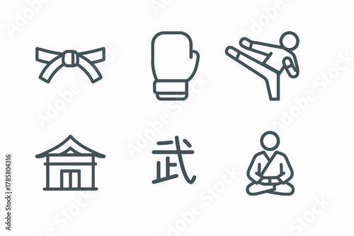 Martial arts icons: belt, glove, kick, dojo, symbol, meditation