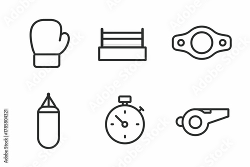 Boxing equipment icons: glove, ring, belt, punching bag, stopwatch, whistle